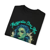 Bold and sassy oversized t-shirt featuring a gothic woman with blue curly hair and a lime green margarita, 'Margaritas Before Men' slogan