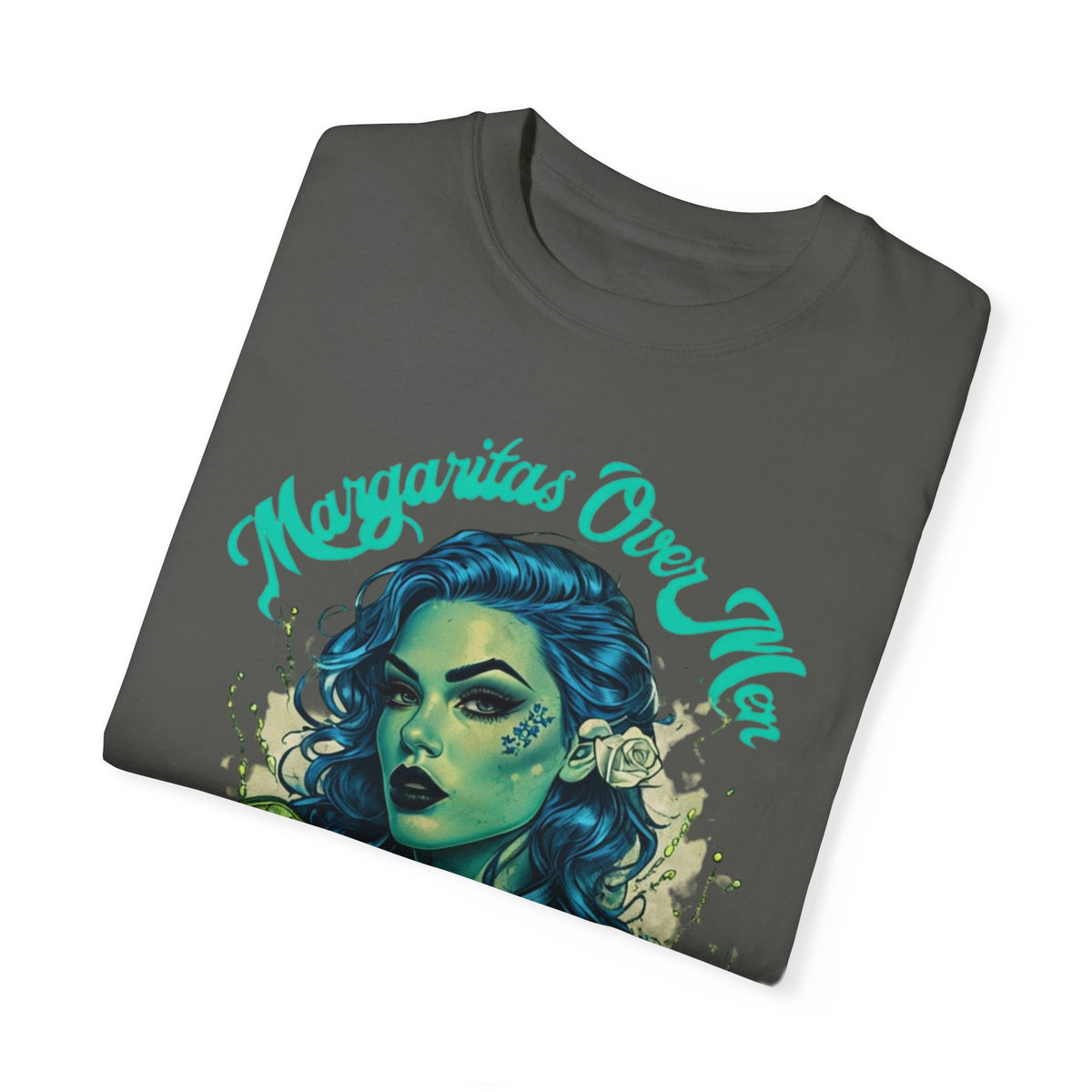 Bold and sassy oversized t-shirt featuring a gothic woman with blue curly hair and a lime green margarita, 'Margaritas Before Men' slogan