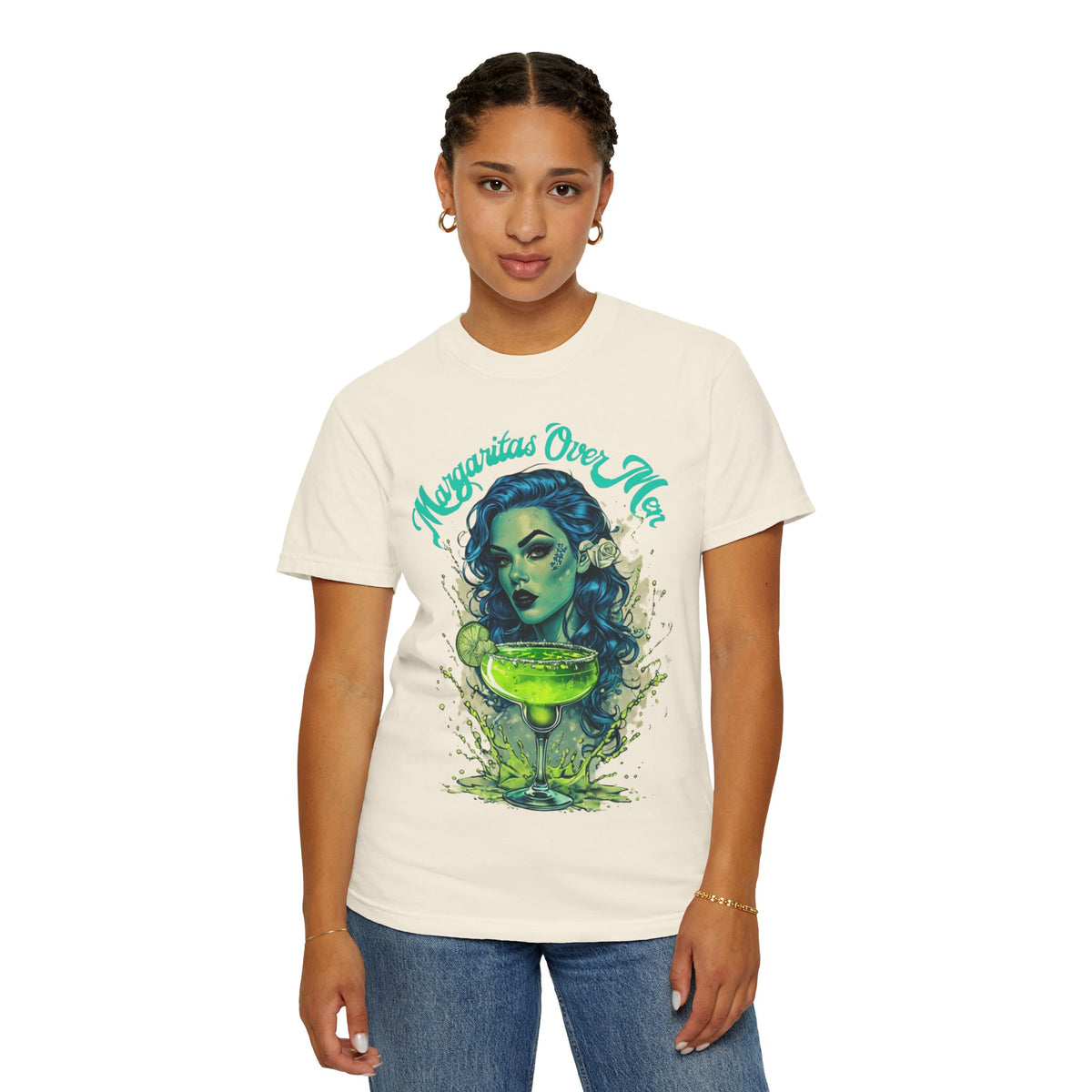 Bold and sassy oversized t-shirt featuring a gothic woman with blue curly hair and a lime green margarita, 'Margaritas Before Men' slogan