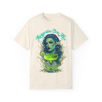 Bold and sassy oversized t-shirt featuring a gothic woman with blue curly hair and a lime green margarita, 'Margaritas Before Men' slogan