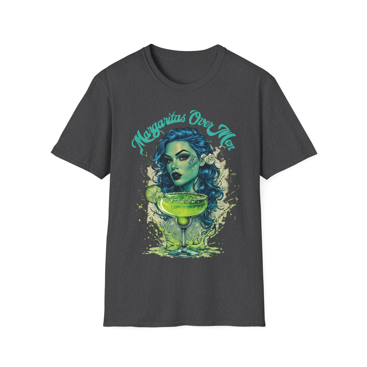 Classic fit Gildan 64000 t-shirt featuring a gothic woman with striking blue curly hair, a lime green margarita glass, and the bold slogan ‘Margaritas Before Men.’ Sassy, statement tee for tequila lovers and independent queens