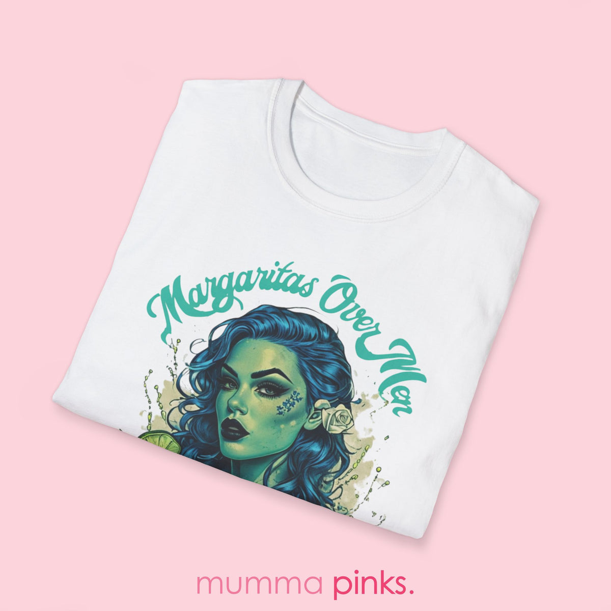 Classic fit Gildan 64000 t-shirt featuring a gothic woman with striking blue curly hair, a lime green margarita glass, and the bold slogan ‘Margaritas Before Men.’ Sassy, statement tee for tequila lovers and independent queens