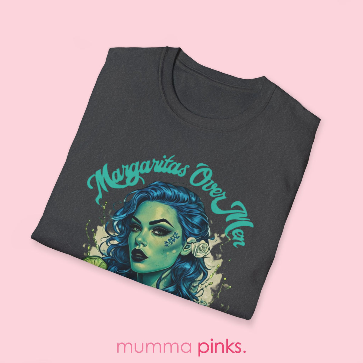 Classic fit Gildan 64000 t-shirt featuring a gothic woman with striking blue curly hair, a lime green margarita glass, and the bold slogan ‘Margaritas Before Men.’ Sassy, statement tee for tequila lovers and independent queens