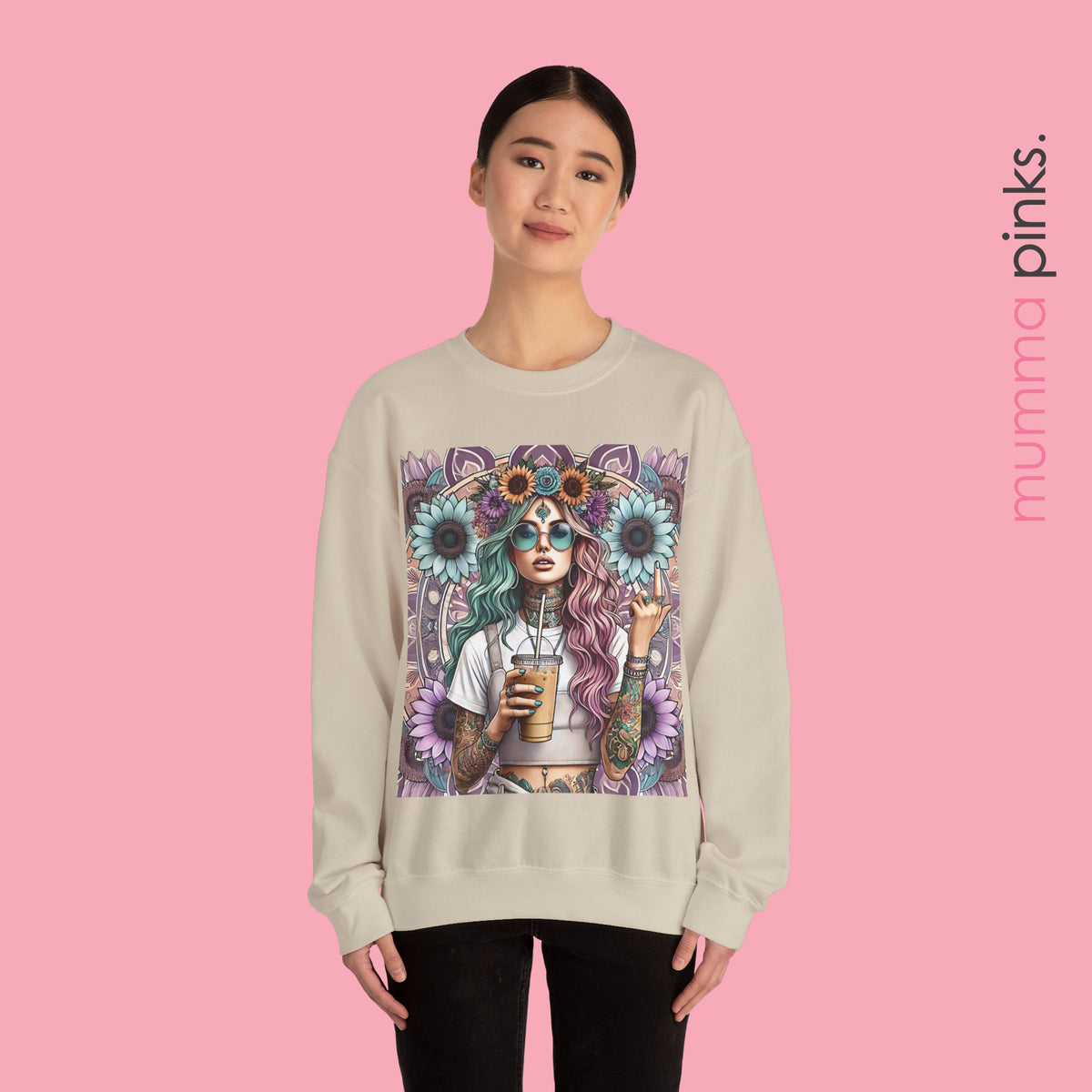 Boho Gothic Style Woman with Tattoos and Coffee Sweatshirt