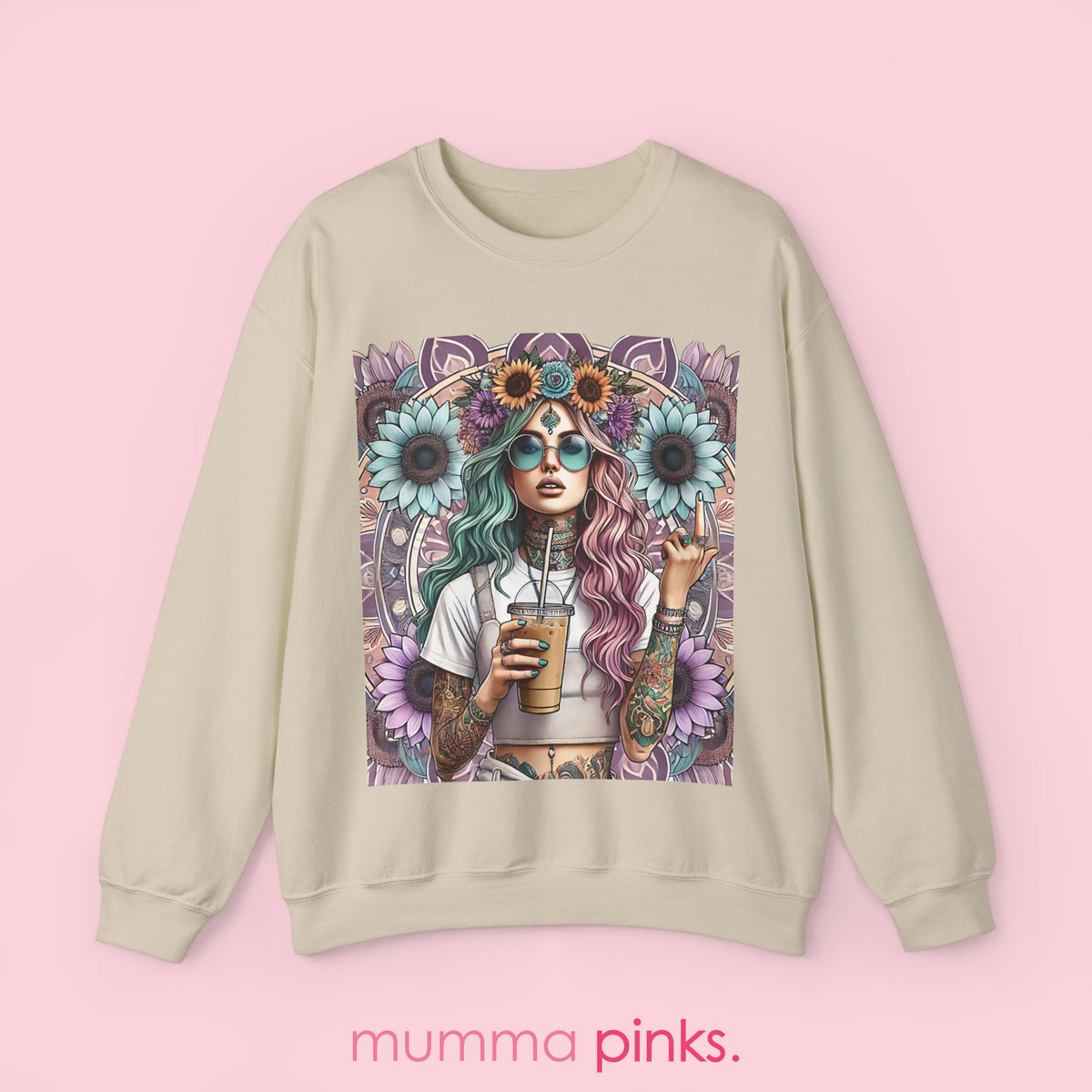 Boho Gothic Style Woman with Tattoos and Coffee Sweatshirt