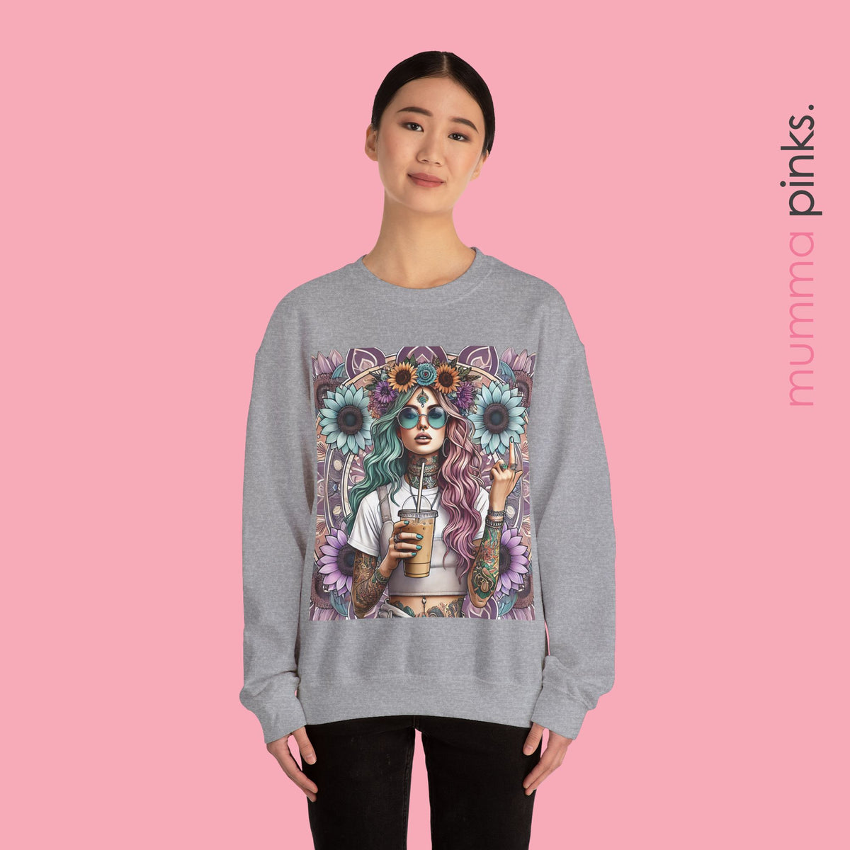 Boho Gothic Style Woman with Tattoos and Coffee Sweatshirt