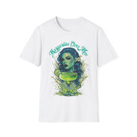 Classic fit Gildan 64000 t-shirt featuring a gothic woman with striking blue curly hair, a lime green margarita glass, and the bold slogan ‘Margaritas Before Men.’ Sassy, statement tee for tequila lovers and independent queens