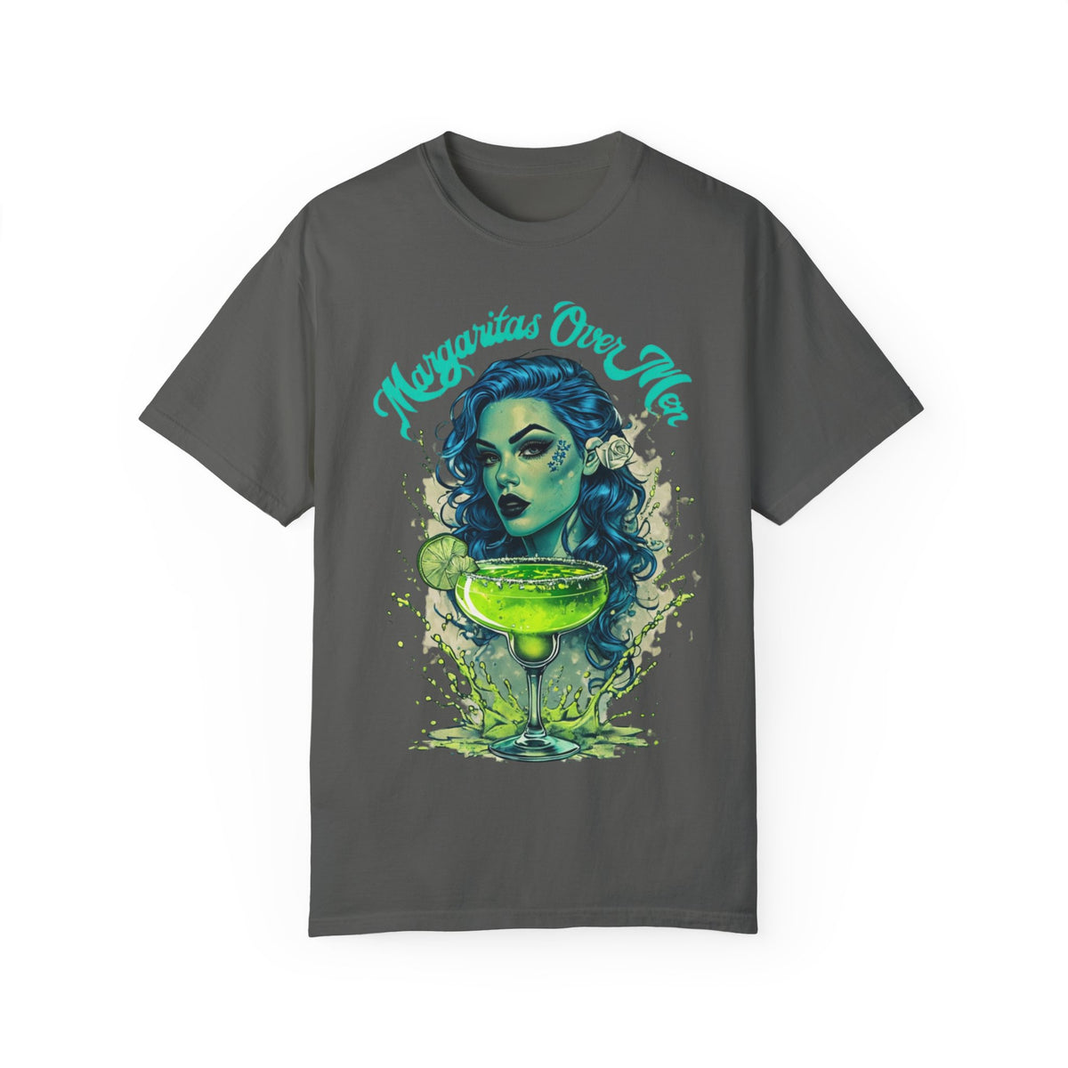 Bold and sassy oversized t-shirt featuring a gothic woman with blue curly hair and a lime green margarita, 'Margaritas Before Men' slogan