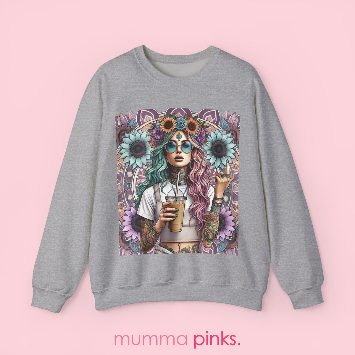 Boho Gothic Style Woman with Tattoos and Coffee Sweatshirt