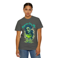 Bold and sassy oversized t-shirt featuring a gothic woman with blue curly hair and a lime green margarita, 'Margaritas Before Men' slogan