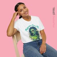 Classic fit Gildan 64000 t-shirt featuring a gothic woman with striking blue curly hair, a lime green margarita glass, and the bold slogan ‘Margaritas Before Men.’ Sassy, statement tee for tequila lovers and independent queens