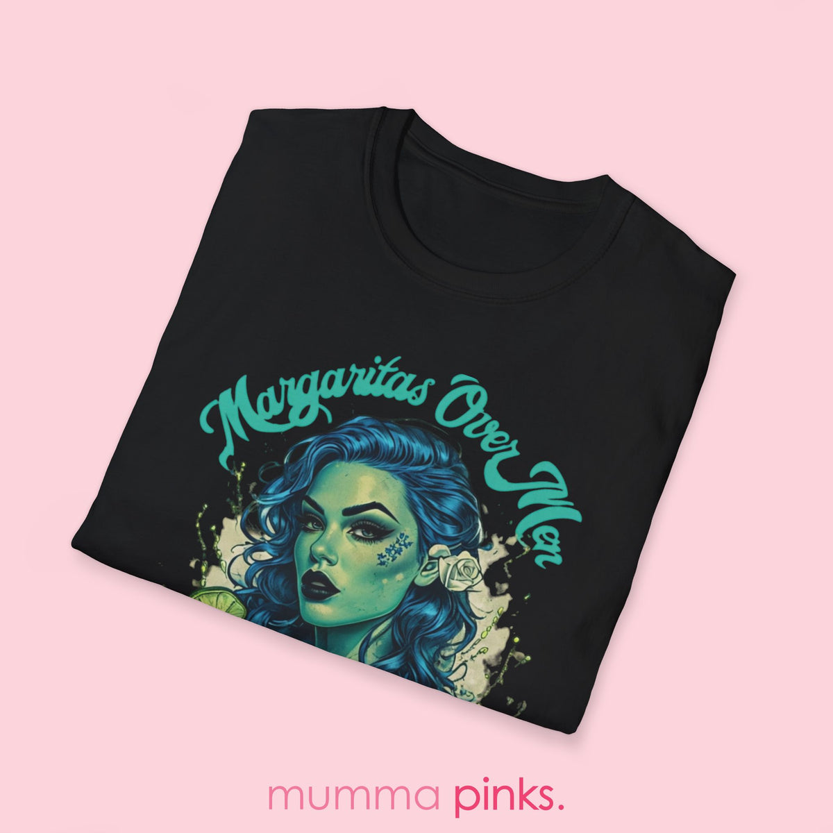 Classic fit Gildan 64000 t-shirt featuring a gothic woman with striking blue curly hair, a lime green margarita glass, and the bold slogan ‘Margaritas Before Men.’ Sassy, statement tee for tequila lovers and independent queens