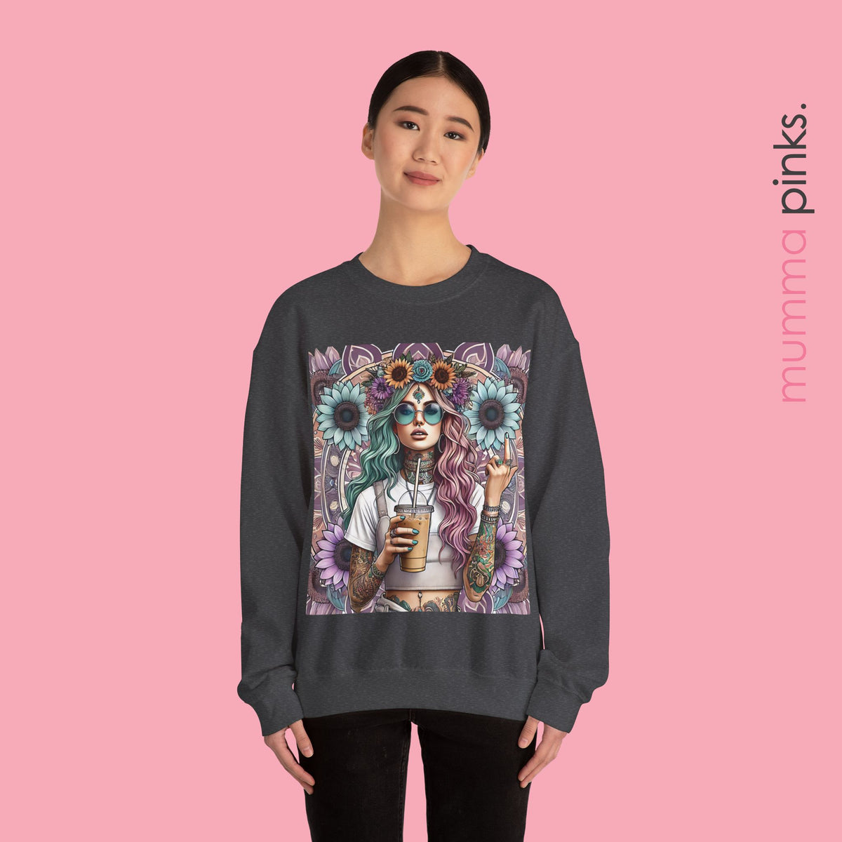 Boho Gothic Style Woman with Tattoos and Coffee Sweatshirt