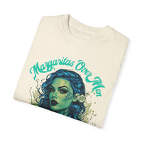 Bold and sassy oversized t-shirt featuring a gothic woman with blue curly hair and a lime green margarita, 'Margaritas Before Men' slogan