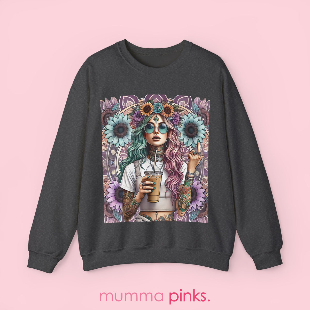 Boho Gothic Style Woman with Tattoos and Coffee Sweatshirt