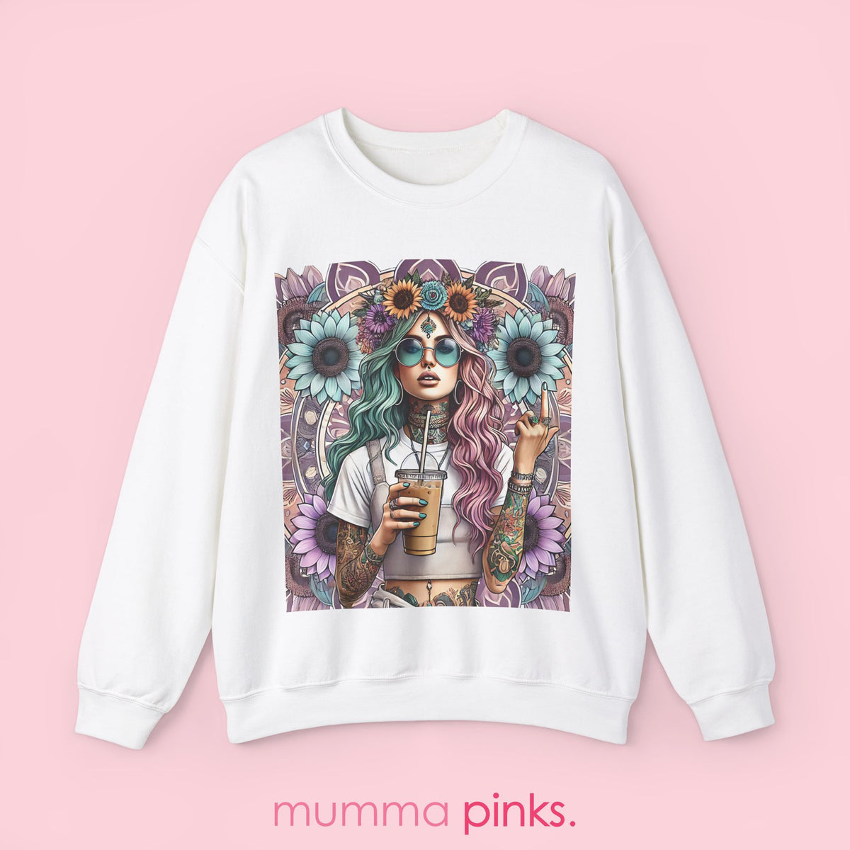 Boho Gothic Style Woman with Tattoos and Coffee Sweatshirt