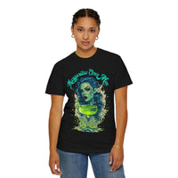 Bold and sassy oversized t-shirt featuring a gothic woman with blue curly hair and a lime green margarita, 'Margaritas Before Men' slogan