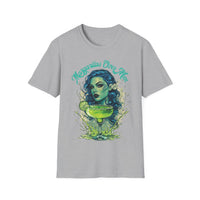 Classic fit Gildan 64000 t-shirt featuring a gothic woman with striking blue curly hair, a lime green margarita glass, and the bold slogan ‘Margaritas Before Men.’ Sassy, statement tee for tequila lovers and independent queens