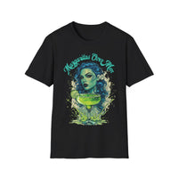 Classic fit Gildan 64000 t-shirt featuring a gothic woman with striking blue curly hair, a lime green margarita glass, and the bold slogan ‘Margaritas Before Men.’ Sassy, statement tee for tequila lovers and independent queens