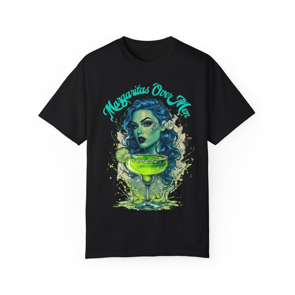 Bold and sassy oversized t-shirt featuring a gothic woman with blue curly hair and a lime green margarita, 'Margaritas Before Men' slogan